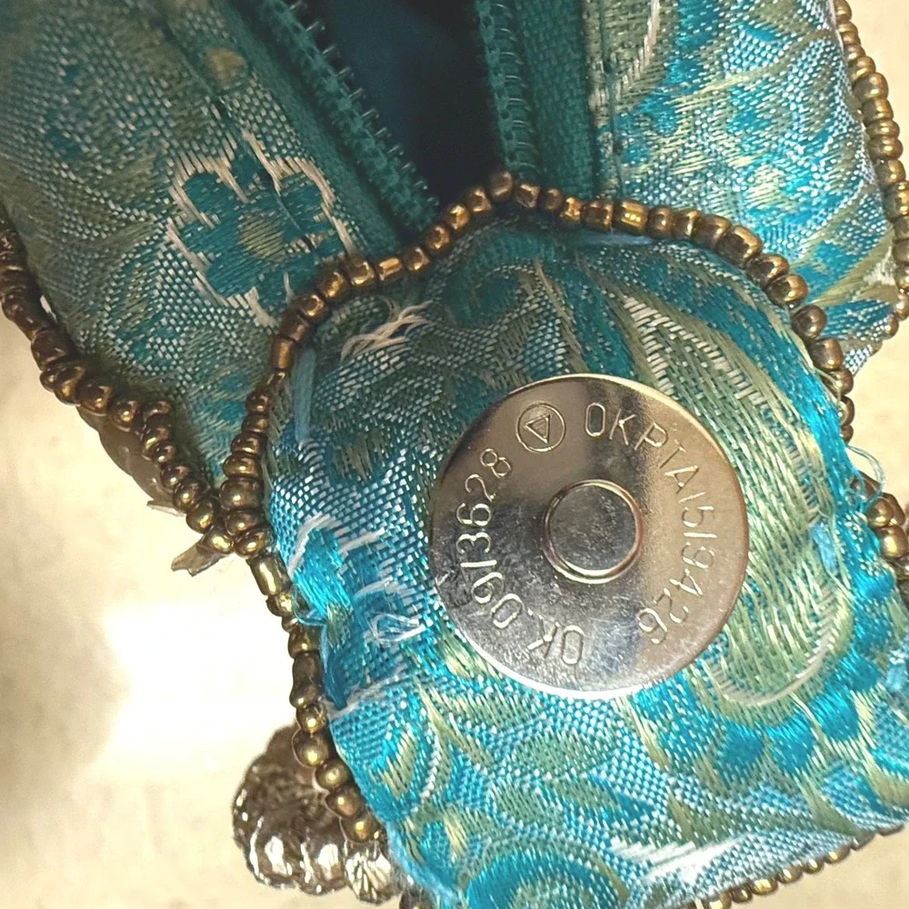 Turquoise Teal Paisley Brocade Wristlet Clutch Sequin Evening Bag Fortune Cookie